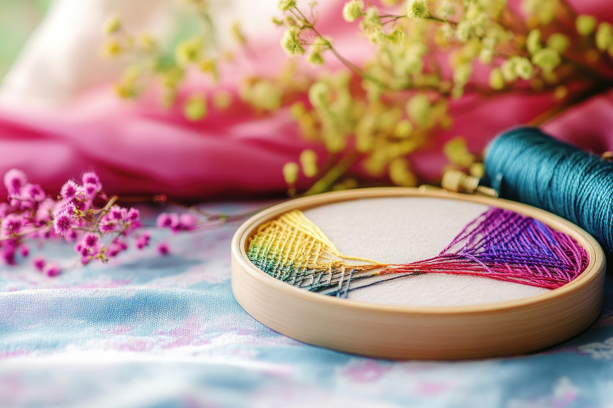 Worktable with embroidery hoop and threads